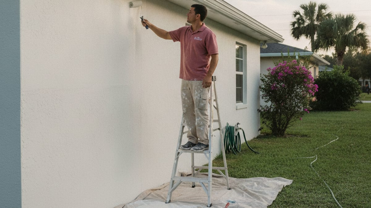Exterior house painting crew working on a Tampa home on a clear dry-season morning