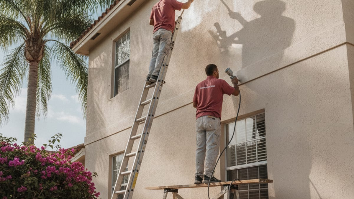 Painter on a ladder finishing the exterior of a stucco home under a bright Florida sky