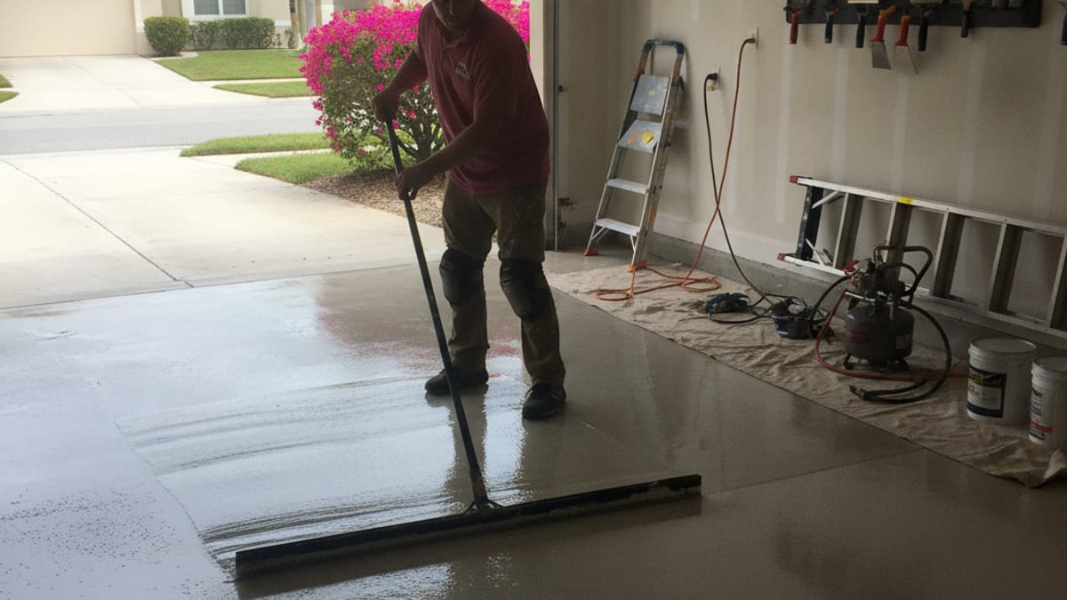 Finished gray epoxy garage floor coating in a Tampa Bay home garage