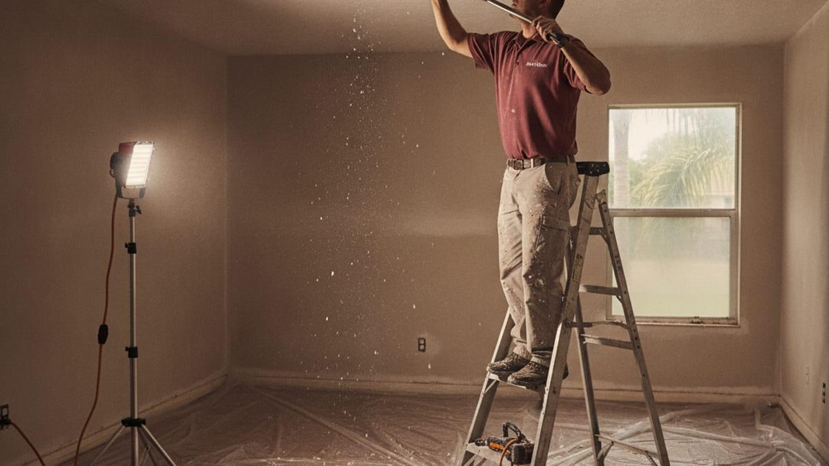 Smooth freshly finished ceiling in a Tampa living room after popcorn texture removal