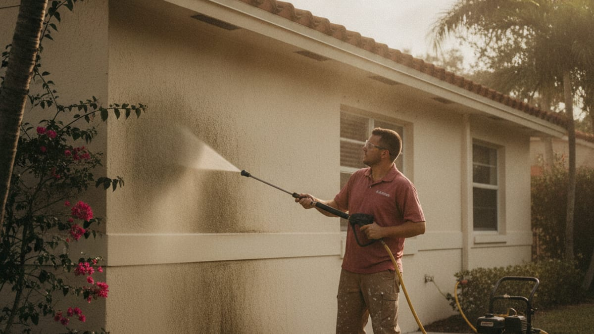 Exterior wall of a Tampa home being pressure washed in preparation for painting