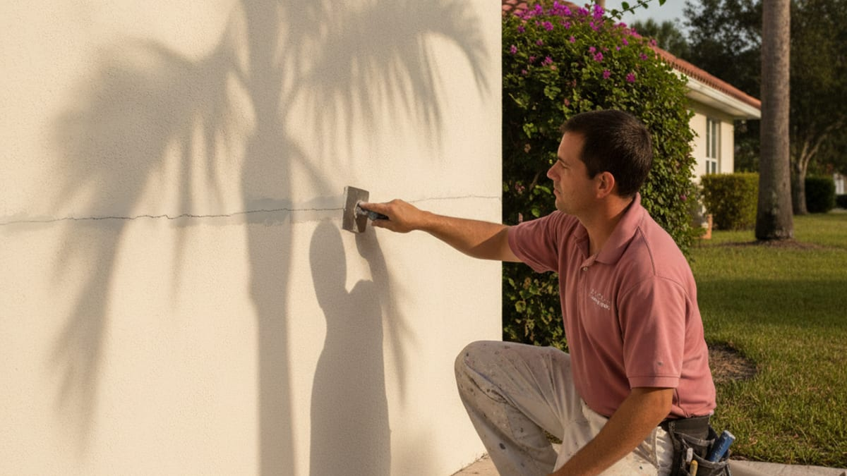 Close-up of a stucco wall crack being repaired before exterior painting on a Tampa home