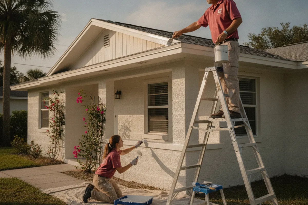 Tampa Bay painting crew rolling exterior paint on a stucco home