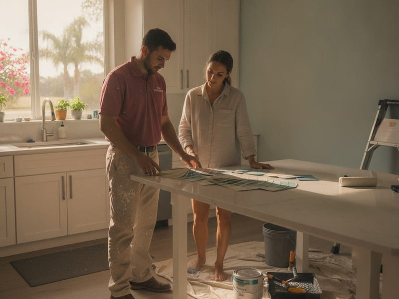 Paint color swatches being reviewed against natural light in a Tampa Bay home