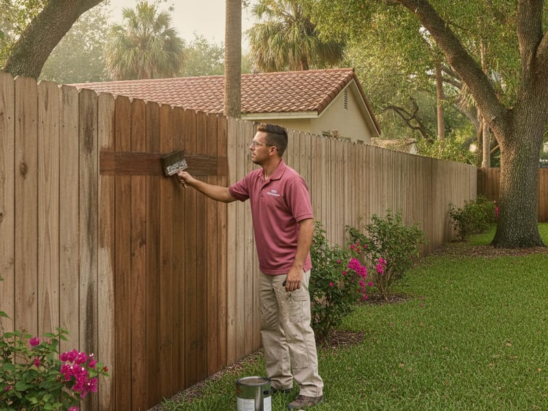 Wood deck being stained and sealed in a Tampa Bay backyard