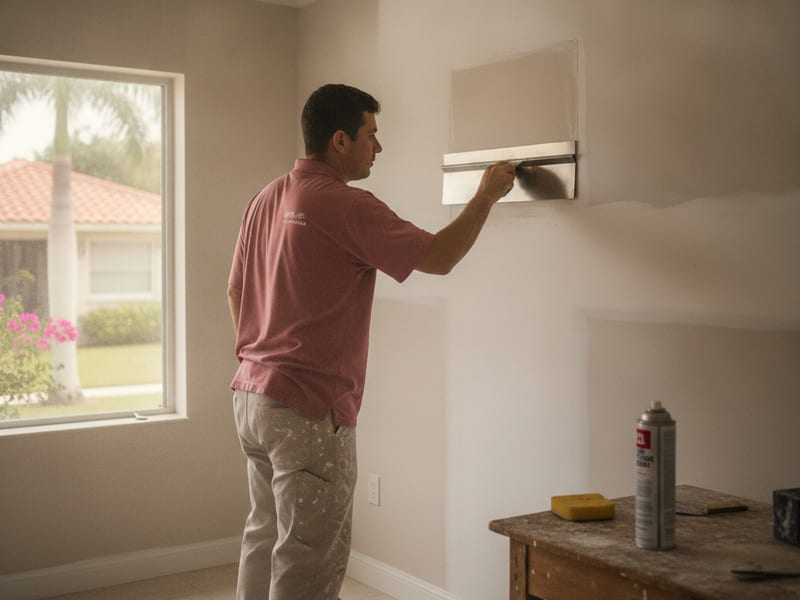 Drywall patch being textured and blended into a Tampa Bay ceiling repair
