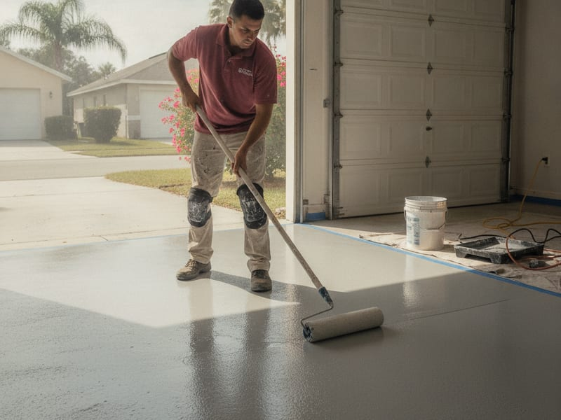 Epoxy coating being applied to a garage floor in a Tampa Bay home