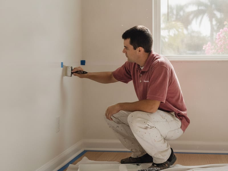 Painter rolling a fresh coat on an interior living room wall in a Tampa Bay home