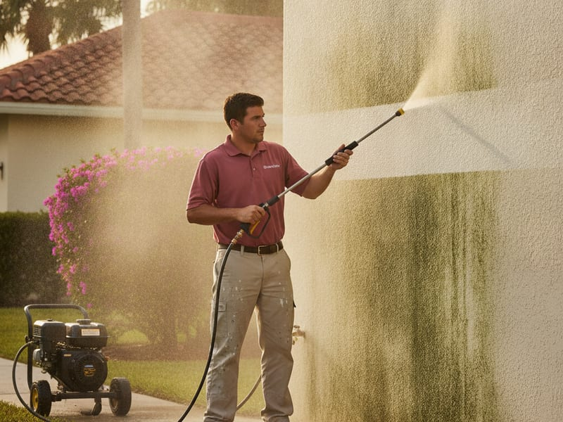 Exterior wall being pressure washed before a repaint in Tampa Bay