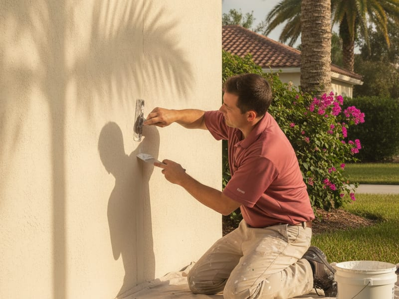 Stucco crack being repaired before repainting on a Tampa Bay block home