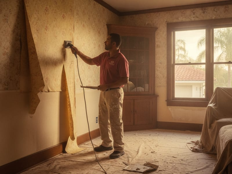 Wallpaper being steamed off a wall before repainting in a Tampa Bay home